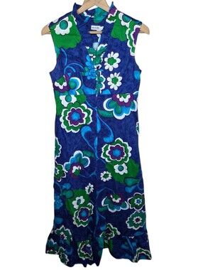 Vintage 1960s Era Made In Hawaii Blue Green Tropical Floral Maxi Dress